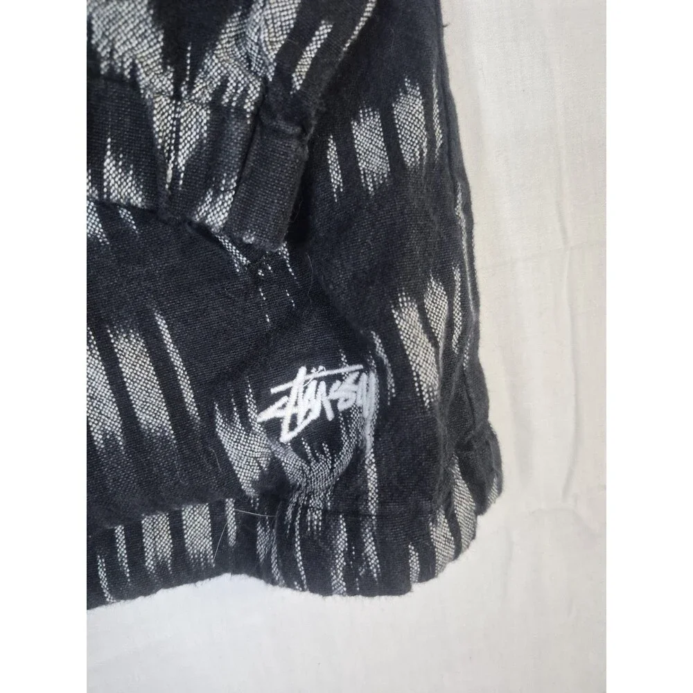 Stussy Pullover Mens SzSmall Gray Ikat Print Hoodie Quarter Button Beach Cotton